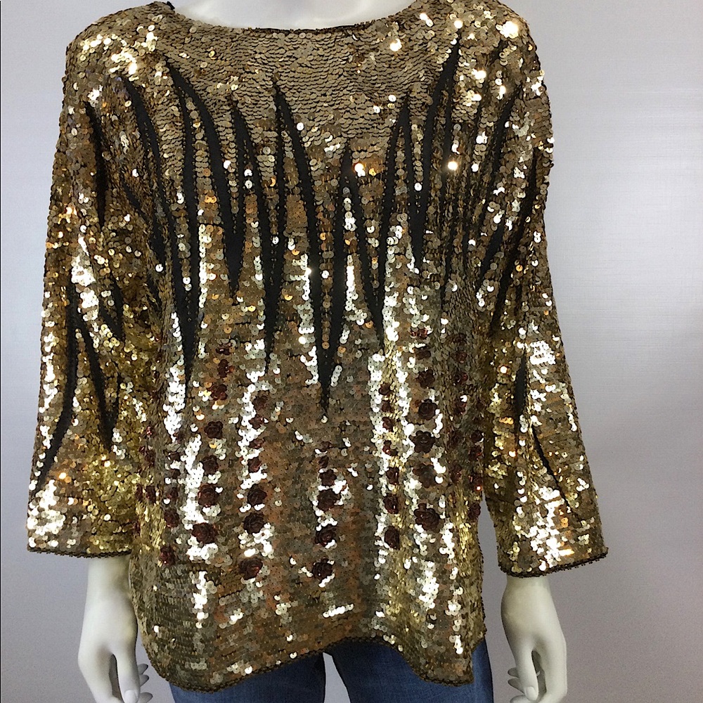 Vintage Gold & Brown Flower Sequin Long Sleeve Top